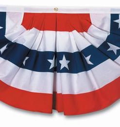 Celebrate your patriotism with our vibrant American Full Polycotton Pleated Fan the red, white, and blue patriotic buntings! This Polycotton 4'x8' Pleated Fan With Stars and has five stripes. Made of durable polycotton. Double stitched all around the edge and strengthened by heavy canvas header. 3 solid brass grommets.